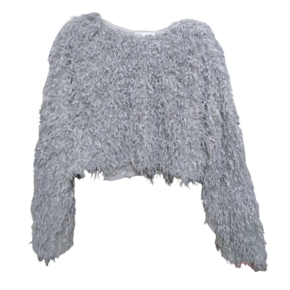 Zara Feather Effect Gray Long Sleeve Crop Top Women's Size Large L